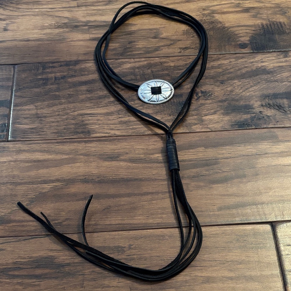 Black Leather Bolo Tie with Silver Concho